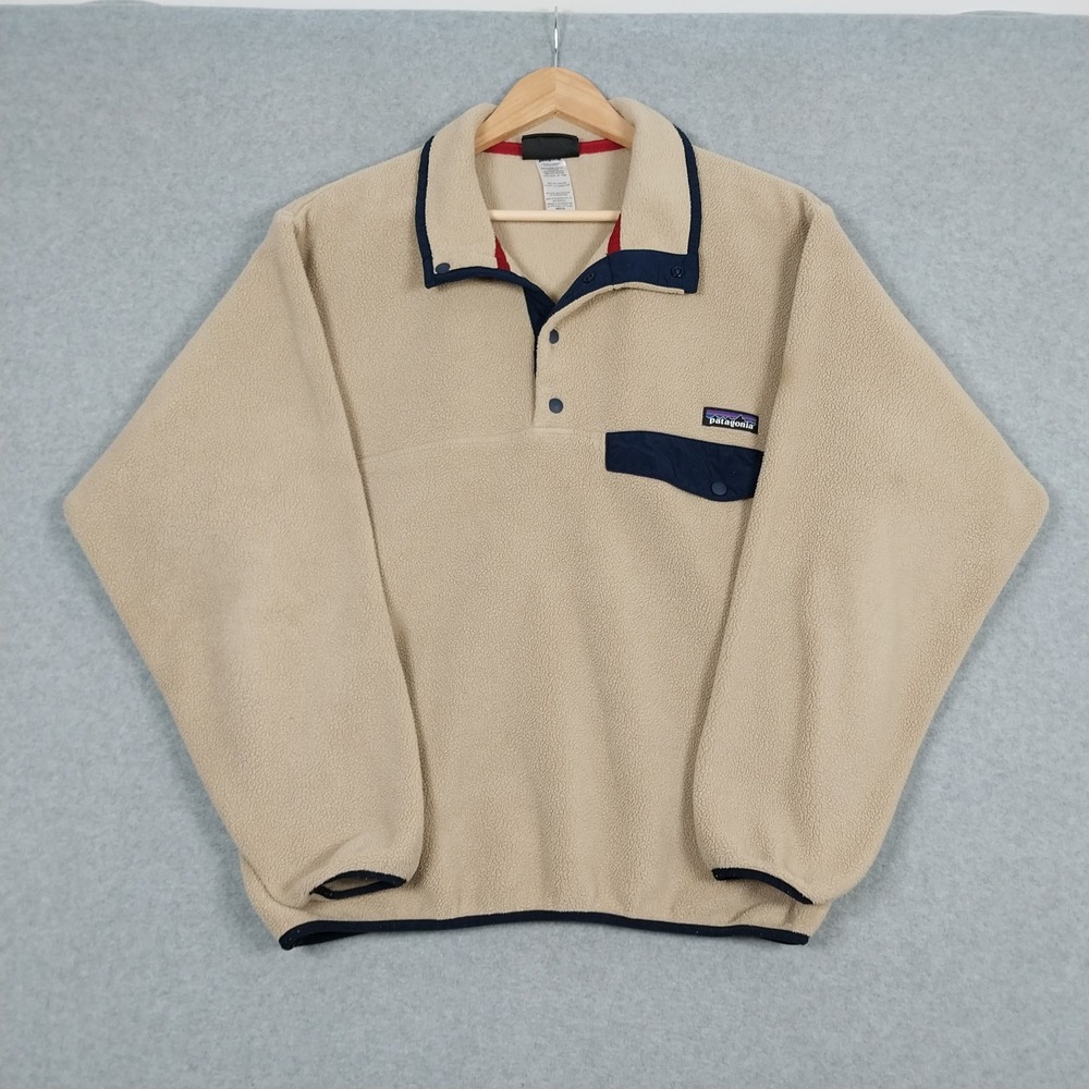 Patagonia Synchilla Mens Small Tan Blue Snap T Pullover Sweater Fleece